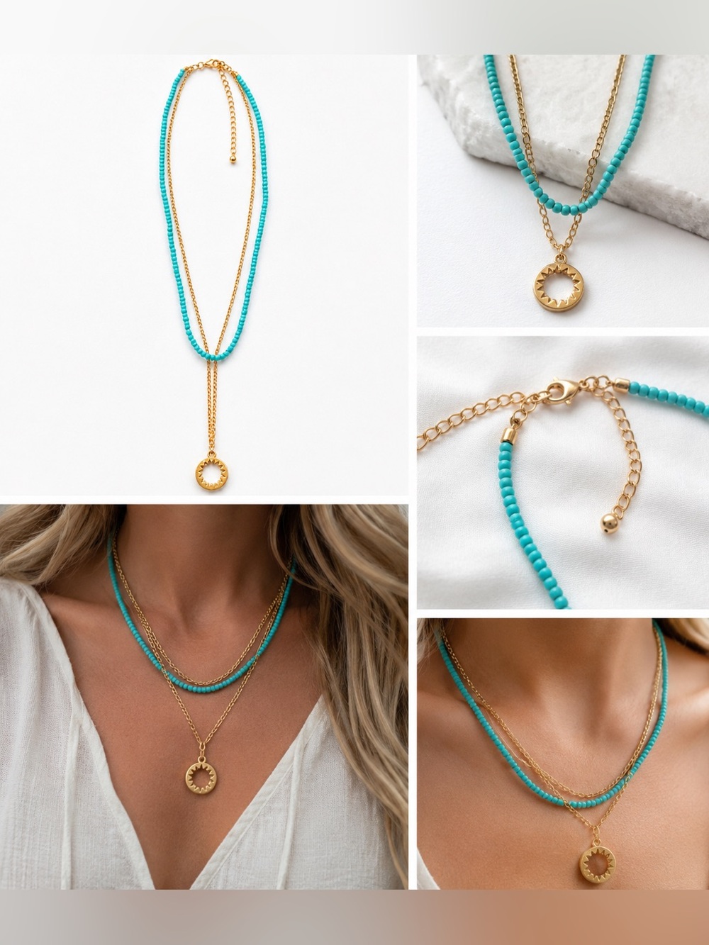 Gemma Simone Aqua Beaded Lariat Necklace Layered Gold Tone Boho Minimalist